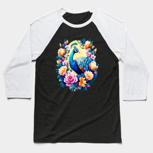 A Cute Peacock Surrounded by Bold Vibrant Spring Flowers Baseball T-Shirt